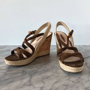 Prada Wedge Espadrilles Size 7, Brown Suede